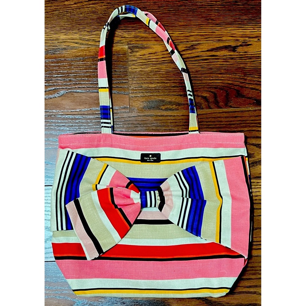 Kate Spade Tote Bag Women Large Pink Multi Stripe Good Canvas Bow Detail